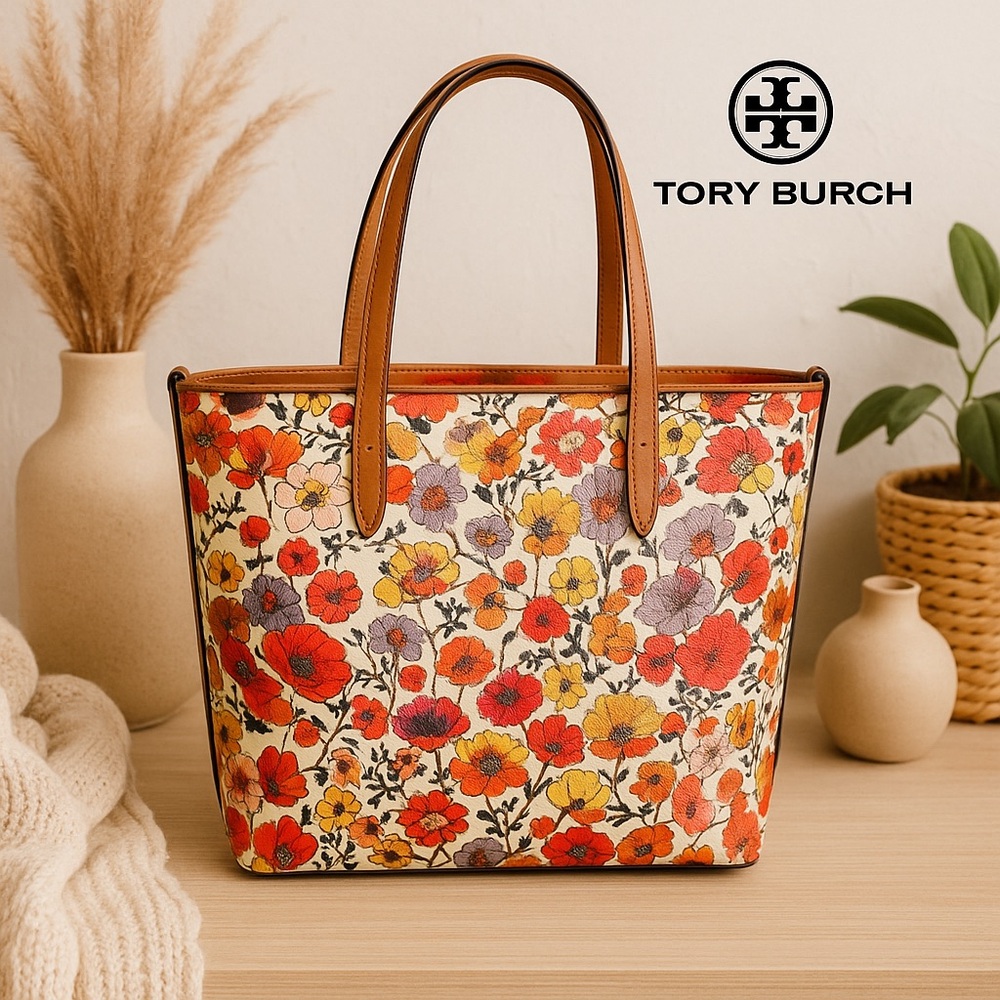 Tory Burch Floral Leather Tote